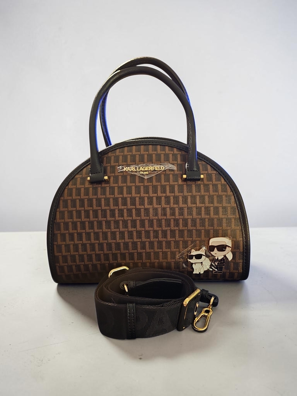 Nwt Karl Lagerfeld Brown Logo Dome Satchel with Character Patch